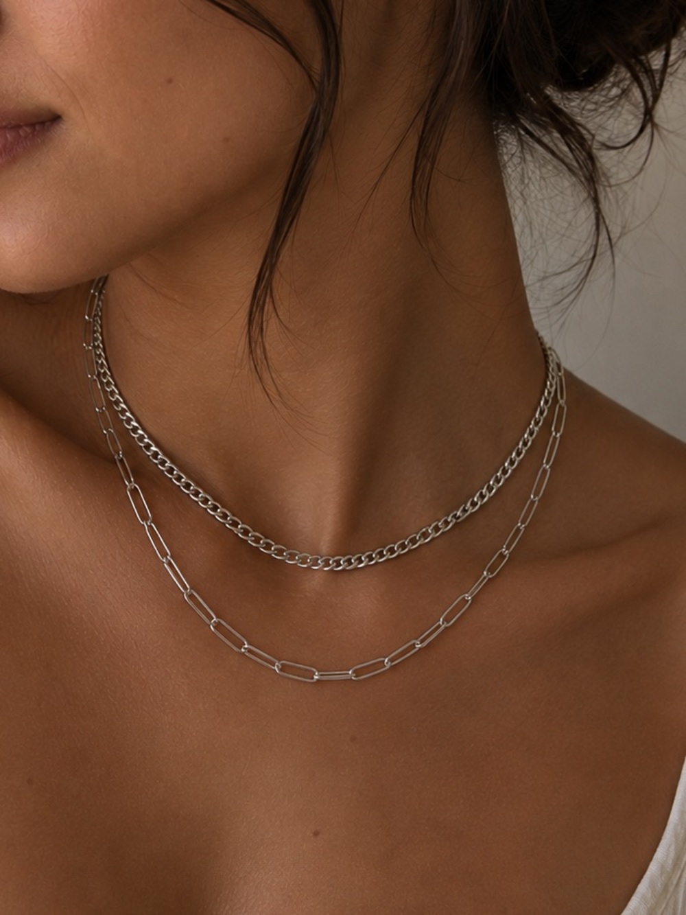 Silver-Tone Double Layer Stainless Steel Necklace